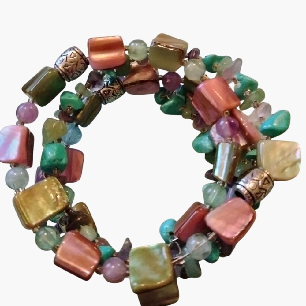 Shell Turquoise Bead Wrap Bracelet Beaded Adjustable Colorful Beachy Coastal